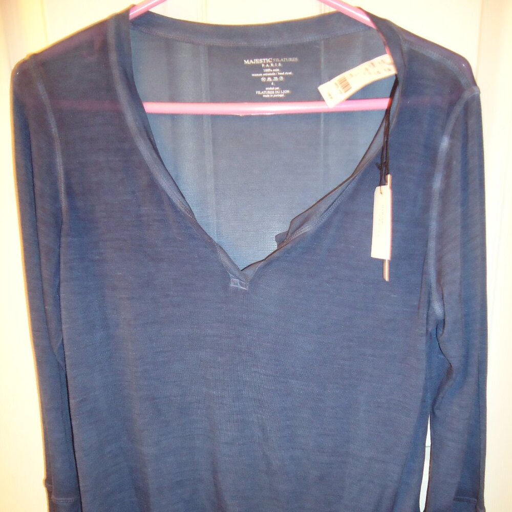 Majestic Filatures- Paris- Blue Long Sleeve Pullover- Sheer- NWT - Large